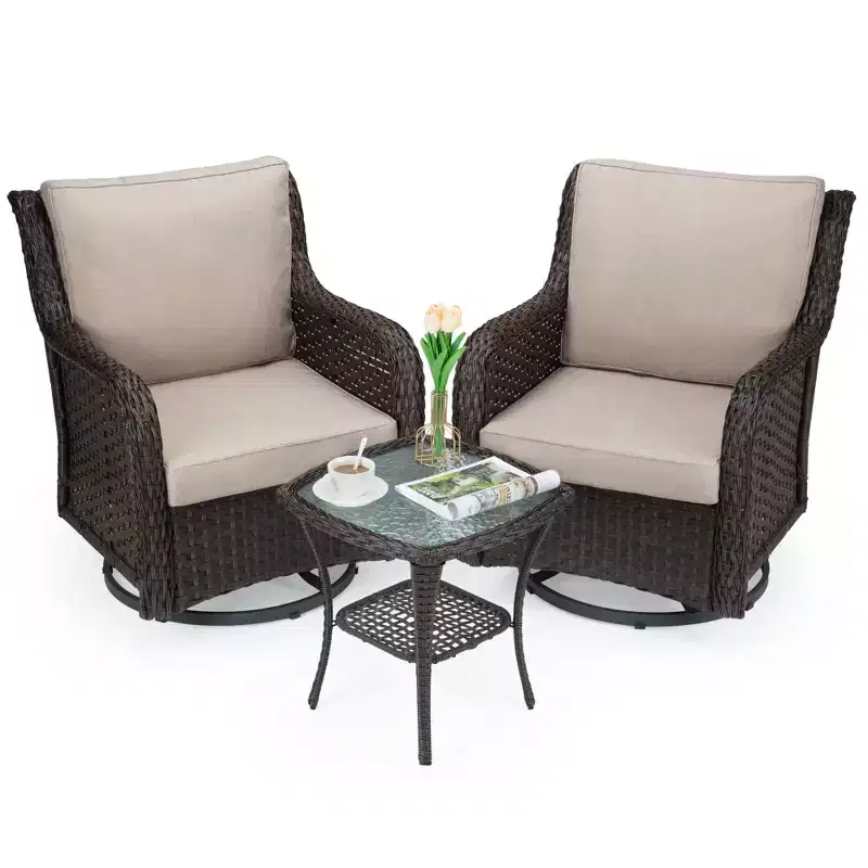 Outdoor Swivel Wicker Sliding Patio Chairs with Table Set, 3-Piece Outdoor Bistro Set with 4-Inch Thick Cushions and Coffee Table