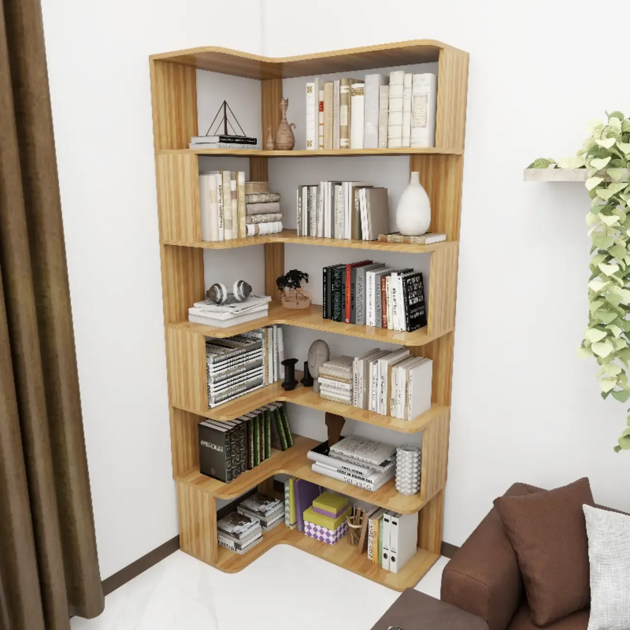 Manufactured Wood Corner Bookshelf with 6 Shelves
