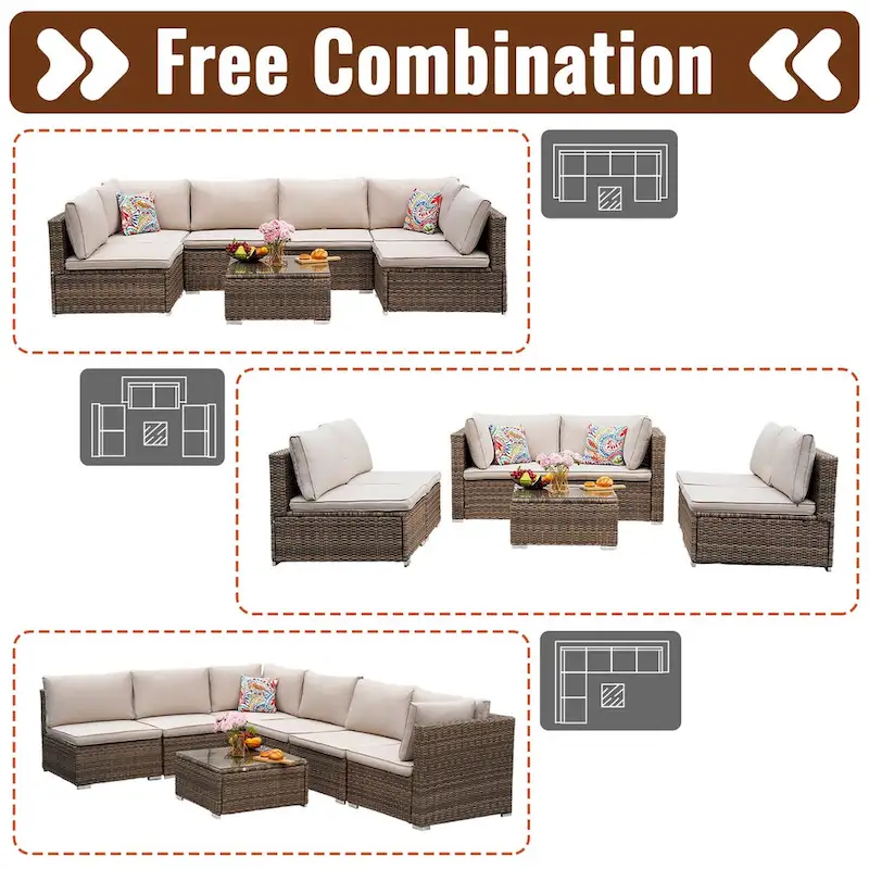 7-Piece Wicker Patio Conversation Set with Cushions and Glass Table