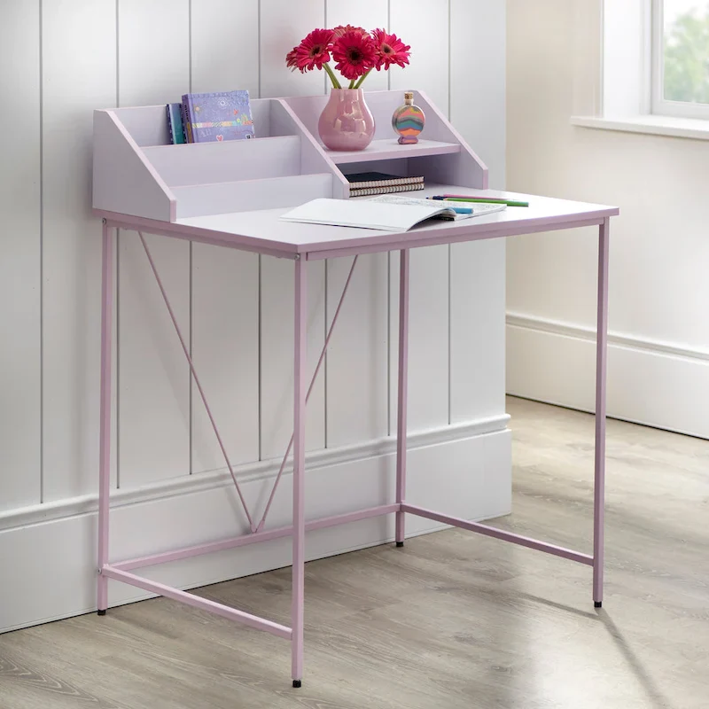 Pink / Grey Student Desk with Bookrack & Shelves, 1-Person