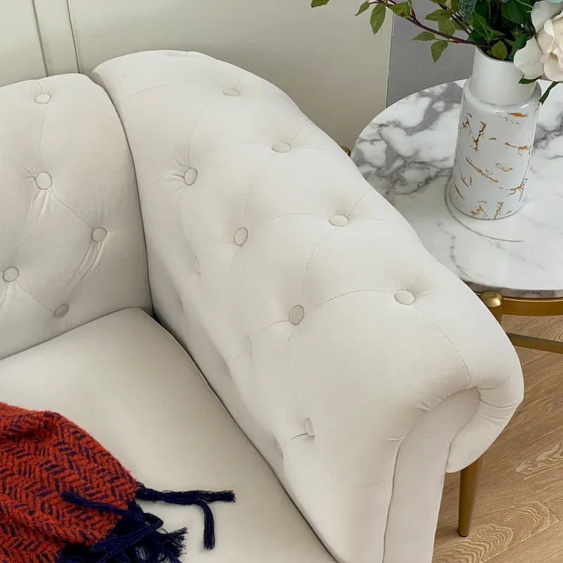 Elegant Beige Chesterfield Sofa - 3-Seater Velvet with Tufted Buttons & Wooden Legs