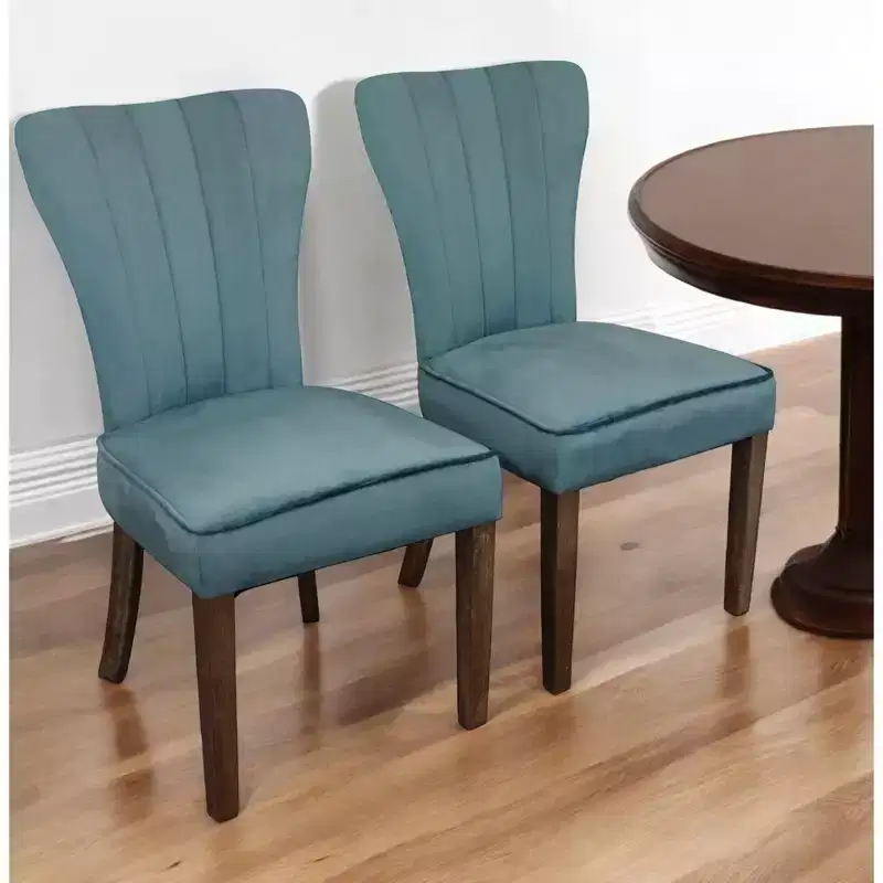 HomeRoots Set of Two Teal Blue and Brown Upholstered Velvet Dining Parsons Chairs