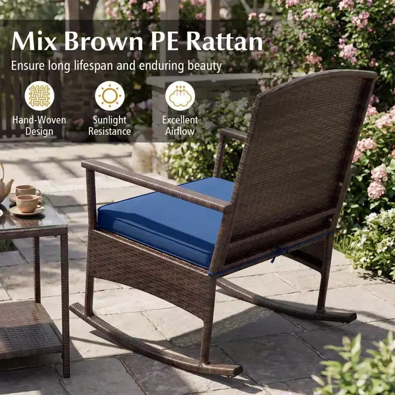 Costway 3 Piece Patio Rocking Set Wicker Rocking Chairs with 2-Tier Coffee Table Turquoise/Off White/Black