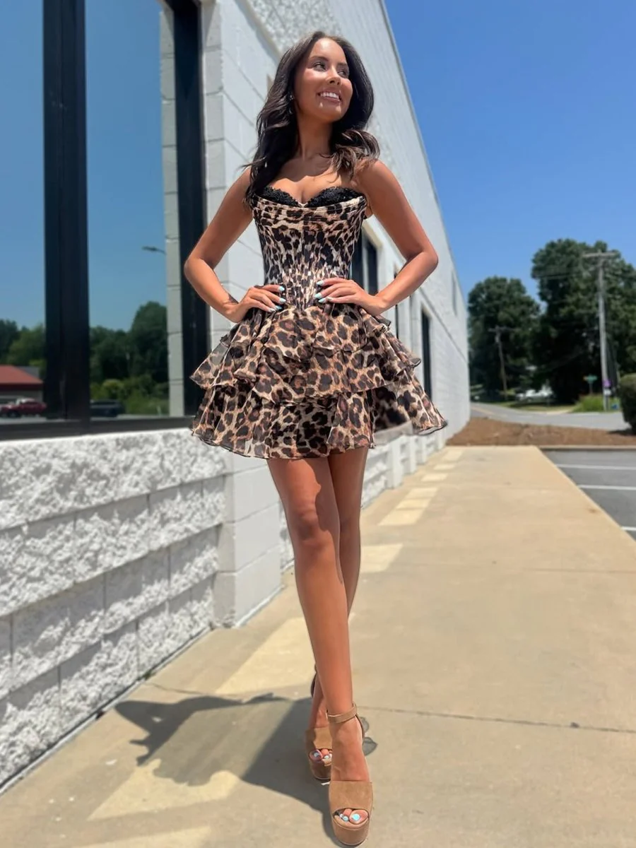 Leopard - Strapless Leopard Print Chiffon A Line Homecoming Dress With Beading