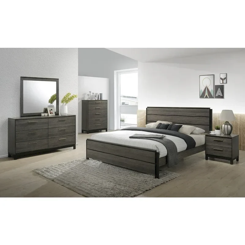Queen Size 5-Piece Bedroom Set, Antique Grey Wood Finish, Bed, Dresser, Mirror, Nightstand & Chest