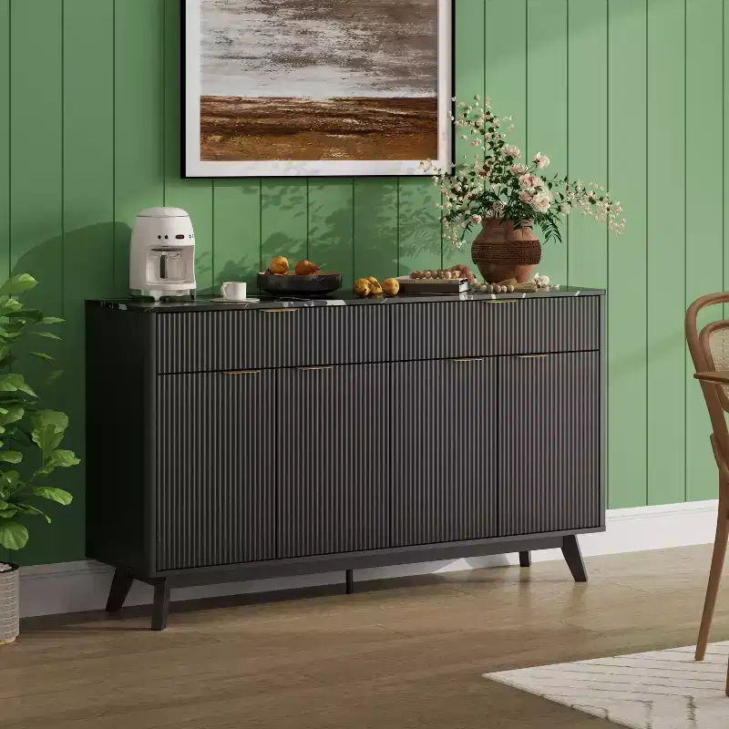 Buffet Sideboard, 60'' Sideboard Cabinet with 2 Drawers and 4 Wave Doors, Sideboard with Adjustable Shelves, Black