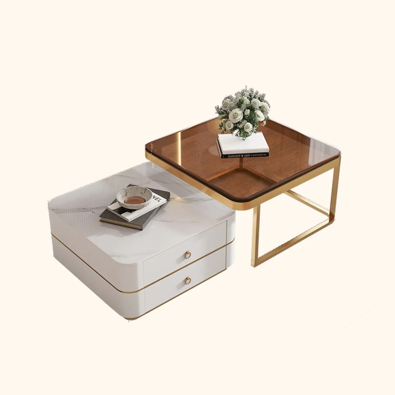 Modern Rectangular Marble Coffee Table Set with Drawers