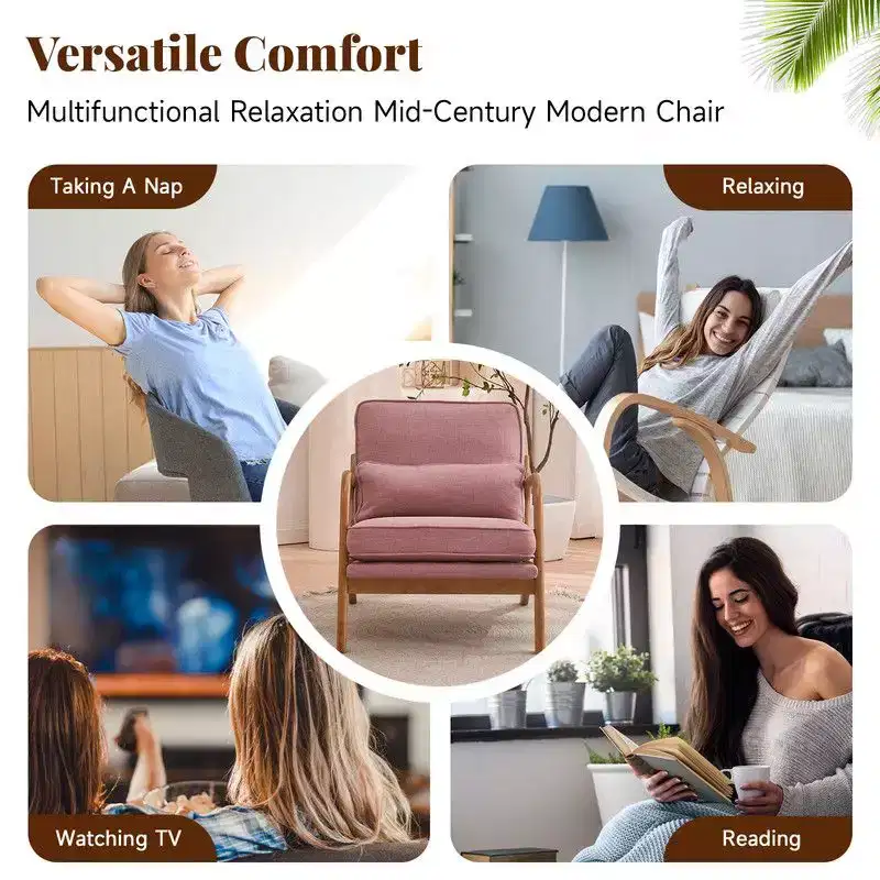 Karl Home 2Pcs Mid Century Solid Wood Accent Chair Upholstered Armchair with an Extra Pillow