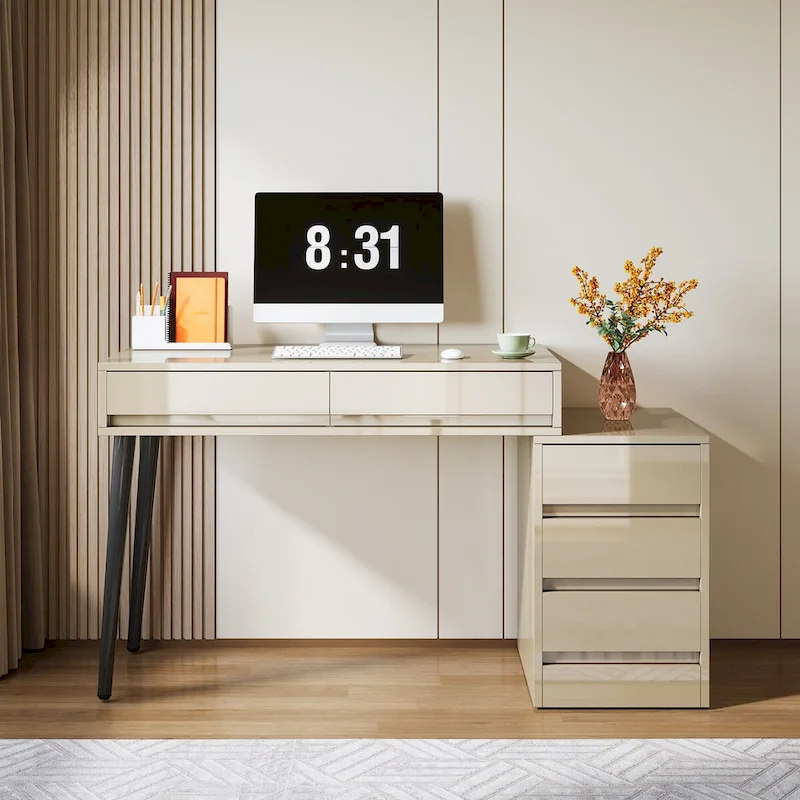 Reversible Computer Desk with 5 Drawers & Printer Stand – High Gloss White