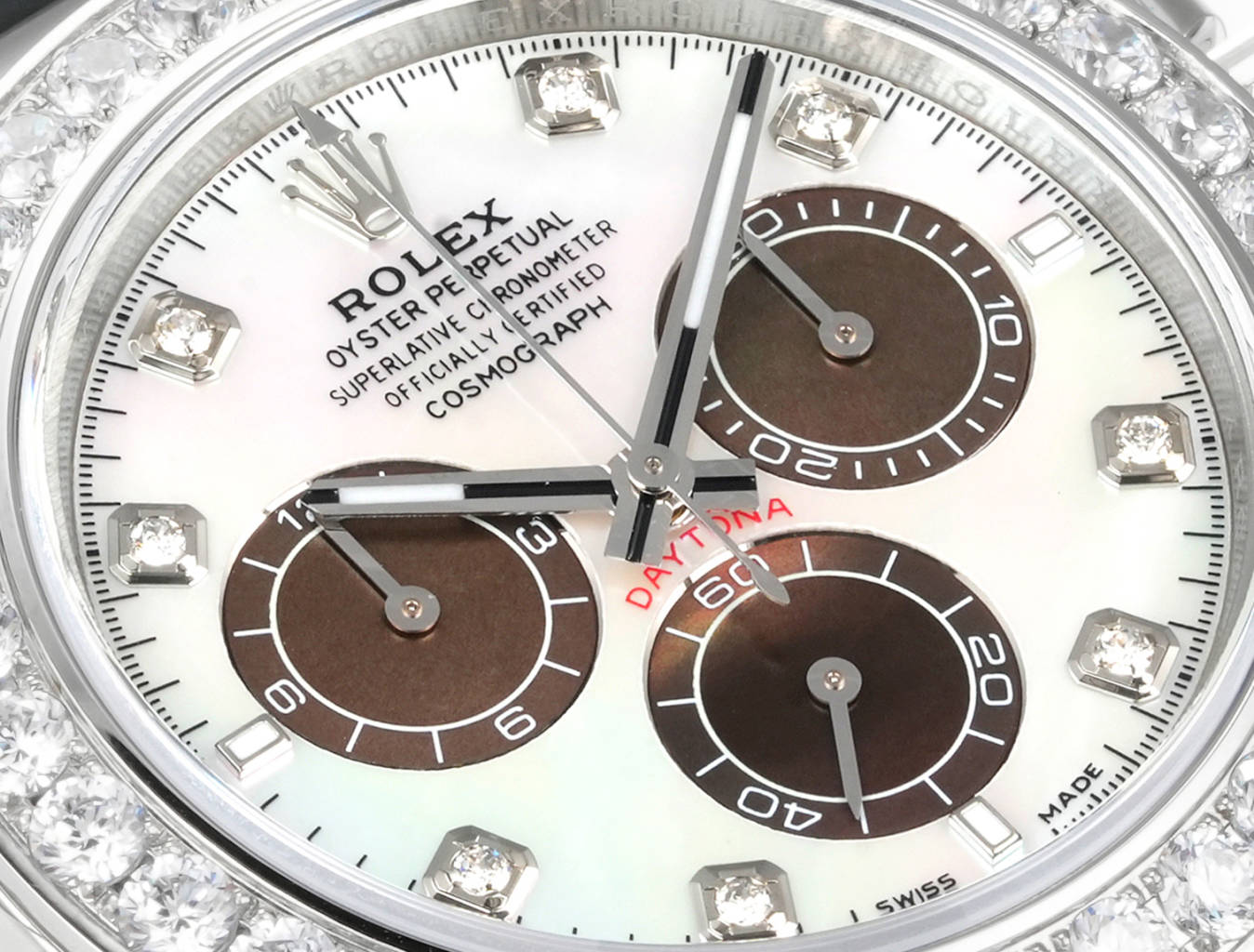 Rolex Daytona replica dial macro detail with diamond markers and brown subdials