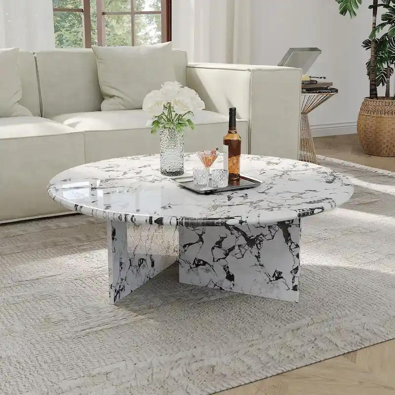 35.43 Modern Round Coffee Table,Glossy Faux Marble Table top