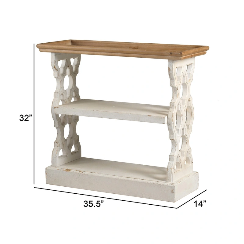 35 Inch 3 Tier Console Table, Fir Wood, Carved Panels, Brown and White