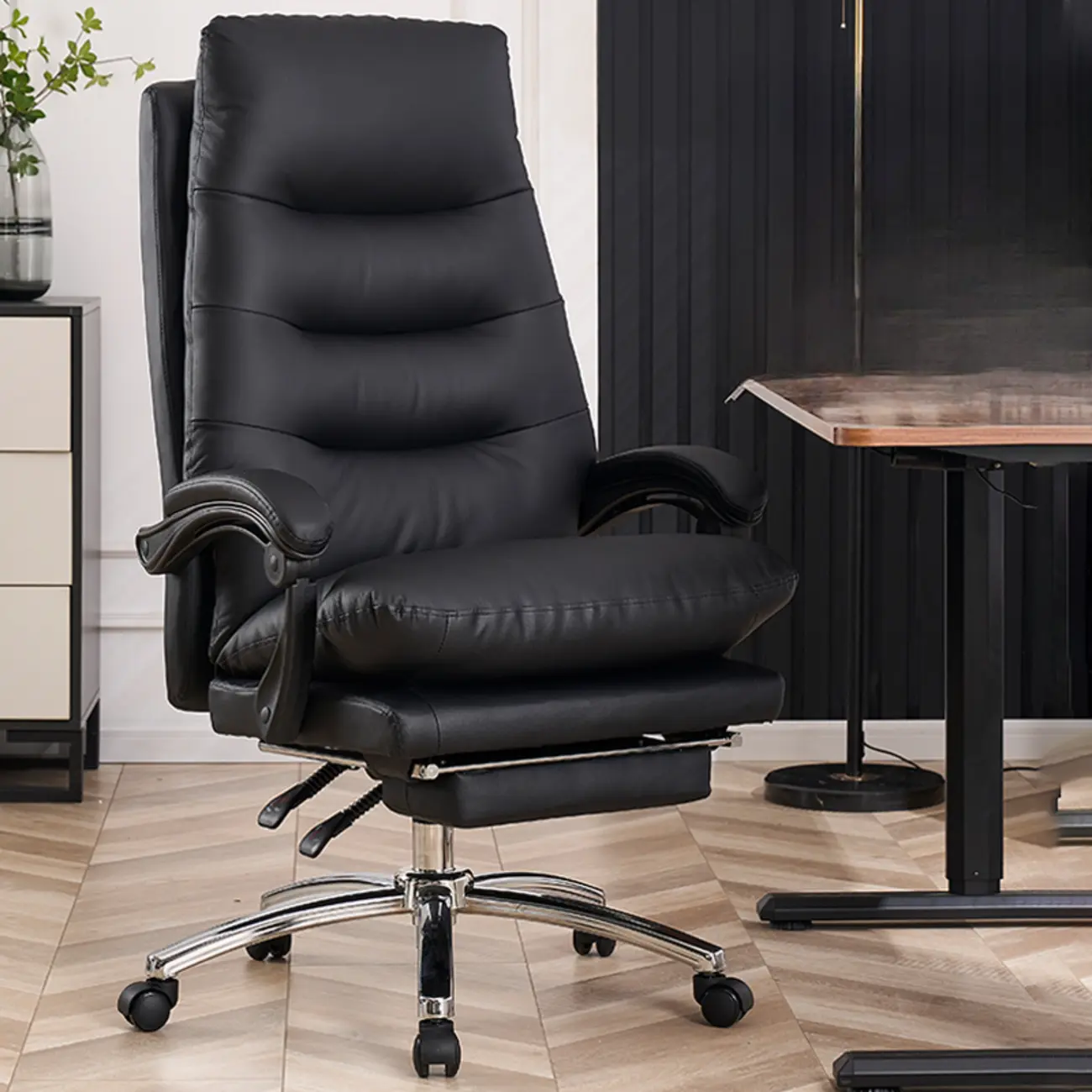 Reclining Beige Leather Adjustable Swivel Office Chair