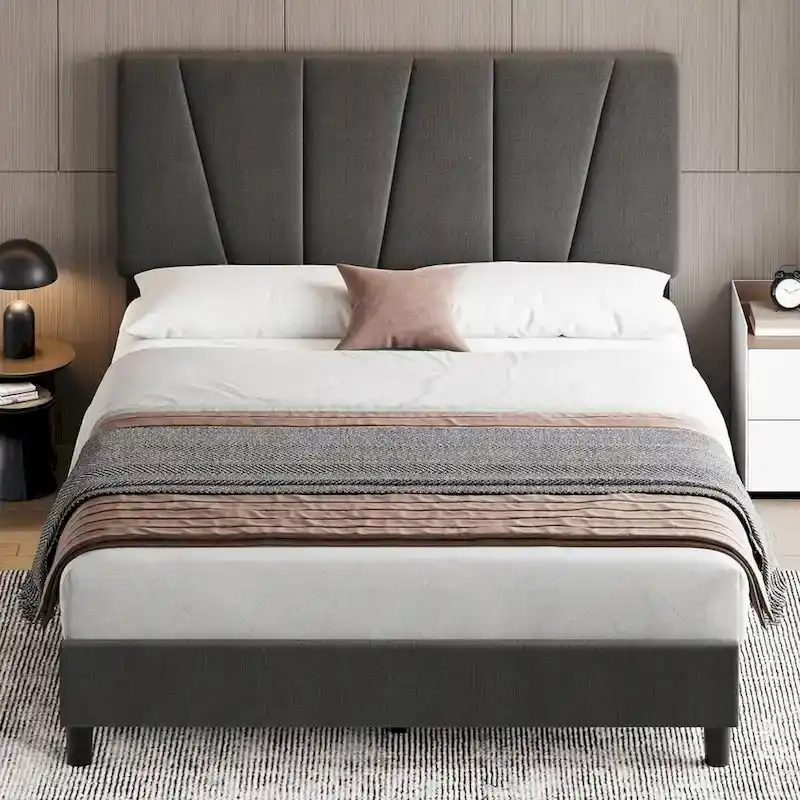 Modern Upholstered Bed Frame with Adjustable Headboard