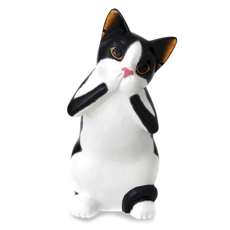 Handmade Wood Sculpture, 'Speak No Evil Spotted Cat' (Indonesia)