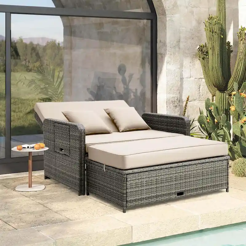 Patio Wicker Daybed Set Reclining Loveseat Sofa w/ Ottoman Side Tray