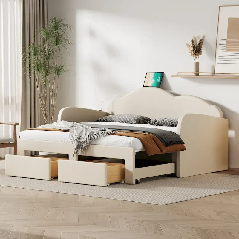 Beige / Pink / Grey Velvet Twin Daybed with Pop-Up Trundle & 2 Drawers, Sleeps 2