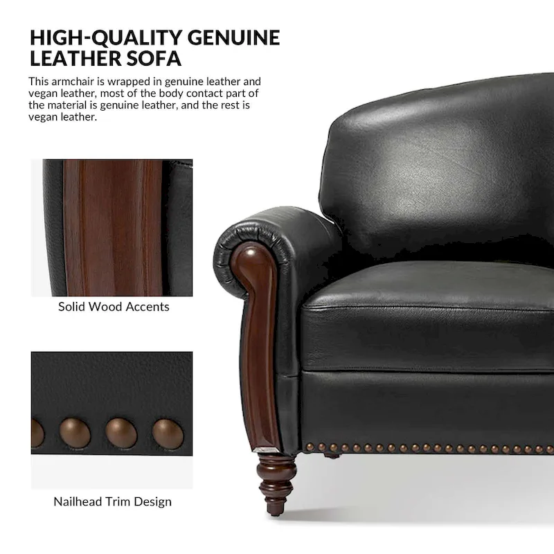 84 Traditional Genuine Leather Sofa with Carved Wood Legs
