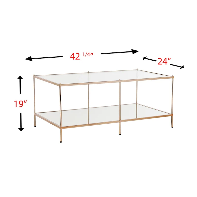 Rectangular Coffee Table - Gold, Glass Top with Mirrored Shelf, Multi-User