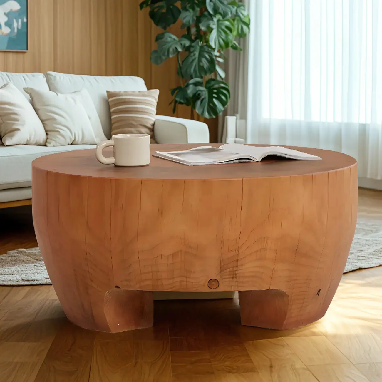 Rustic Solid Wooden Round Coffee Table with Natural Finish