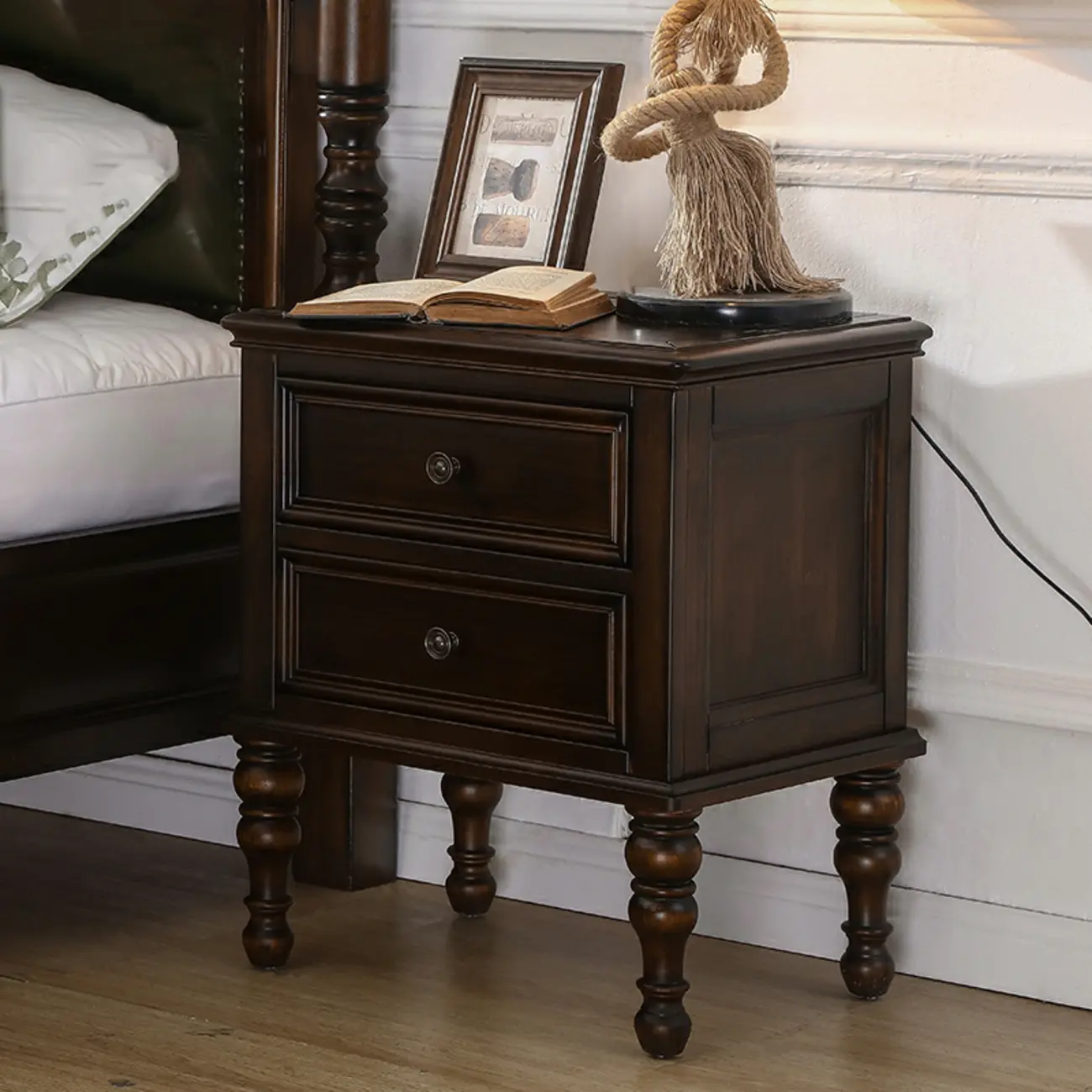 Classic Brown Espresso Wood 2-Drawer Standard Nightstand