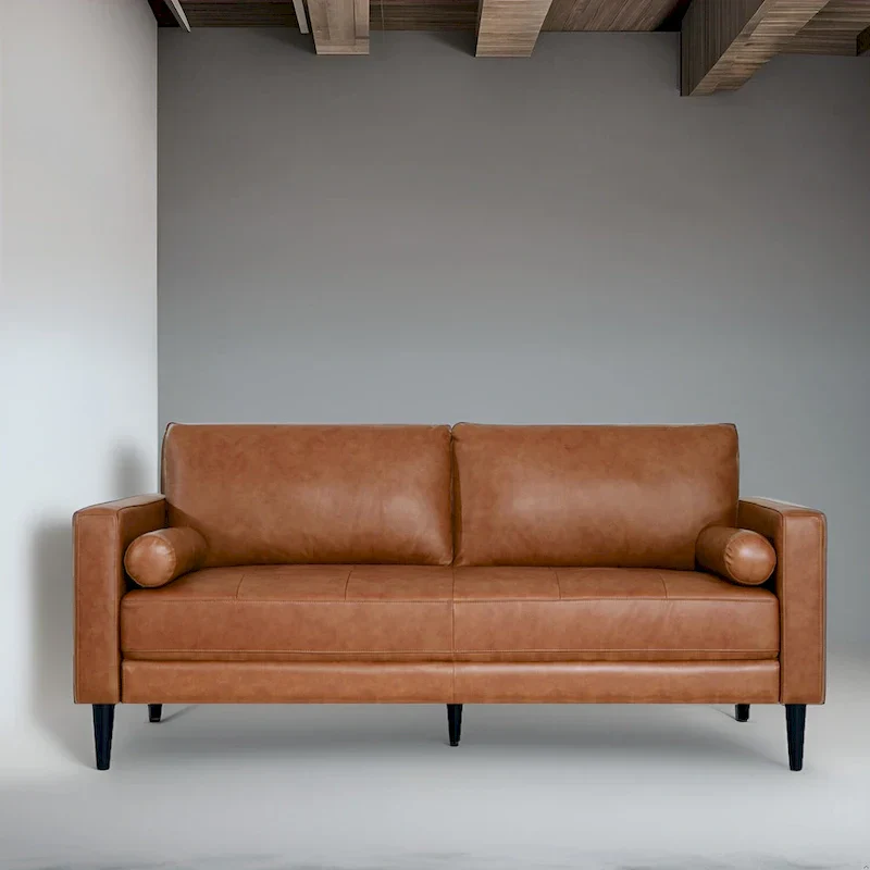 Modern Genuine Leather Sofa with Wooden Legs & Additional Bolster Pillow