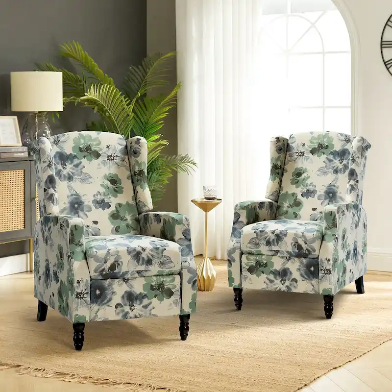 Mid-Century Modern Manual Pushback Recliner with Wingback Design Set of 2