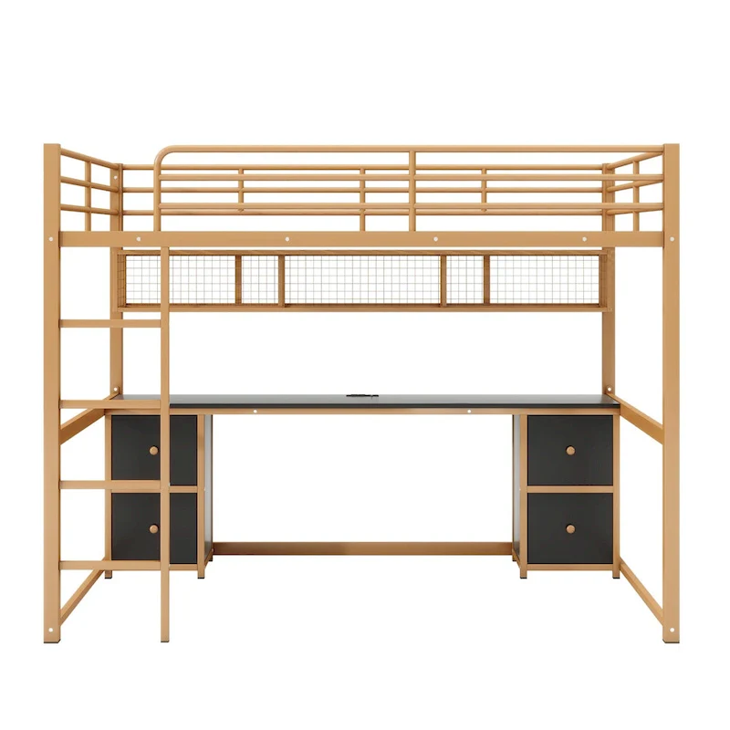 Gold+Black Full Metal Loft Bed with Desk, Drawers & Charging Station