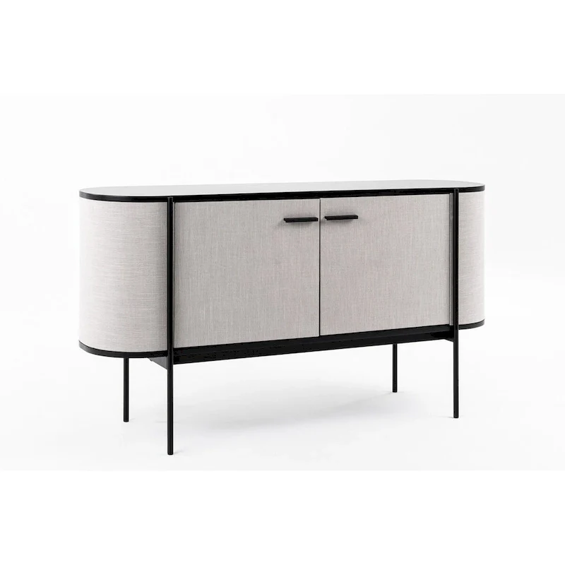 Modern Beige Fabric & Matte Black Metal Buffet Cabinet with Curved Design