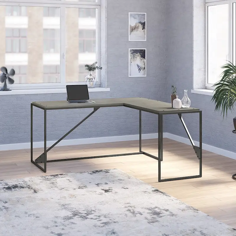 Rustic Gray L Shaped Industrial Desk with Steel Frame for Adults