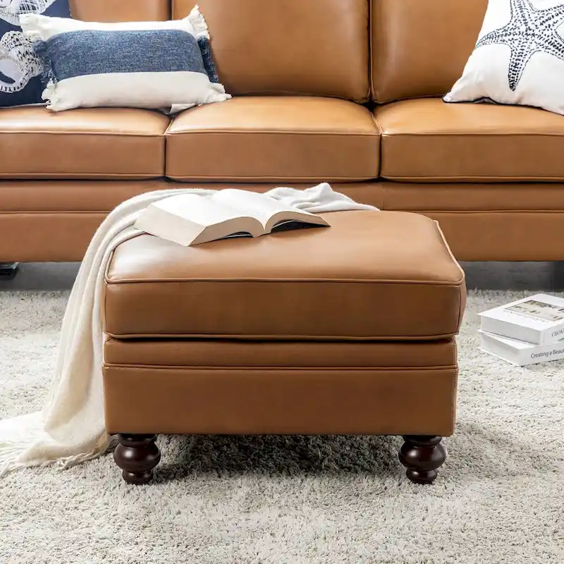 Brown Leather Ottoman with Solid Wood Legs