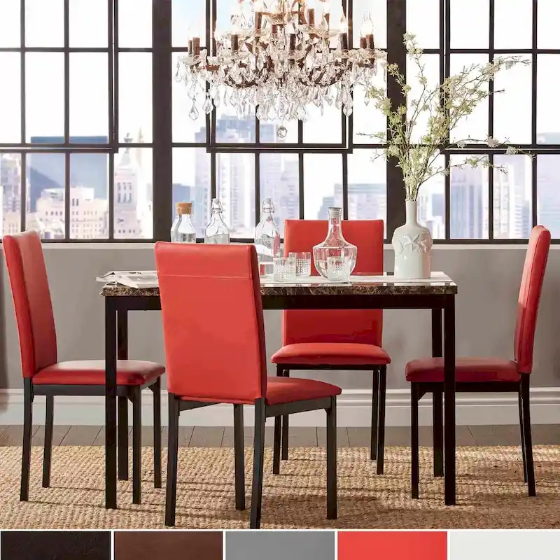 Faux Marble Top Metal 5-Piece Dining Set with Upholstered Chairs