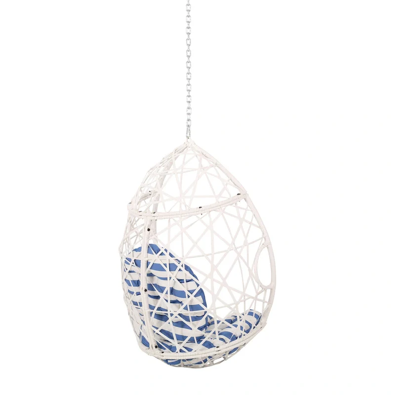 Kiwi Hanging Basket Chair w Chain, Egg Shape, Rattan Weaving, White