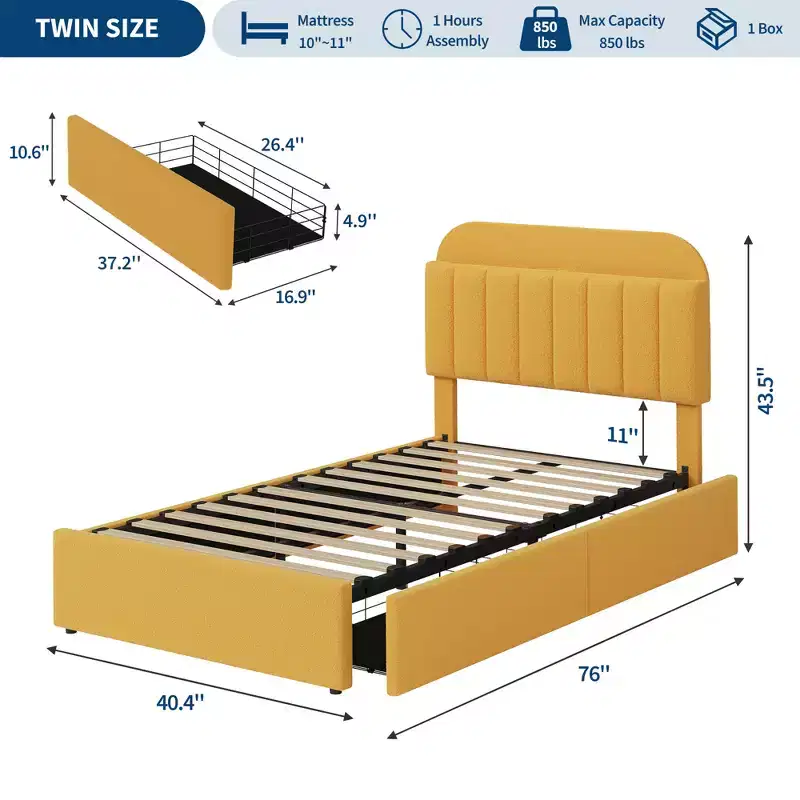 Queen Bed Frame, with Storage Headboard & 2 Drawers, Boucle Upholstered Platform Bed Frame for Boys/Girls,Easy Assembly, No Box Spring Needed, Beige