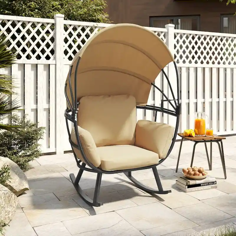 VredHom Outdoor Patio Rocking Egg Chair with Cushion and Folding Canopy