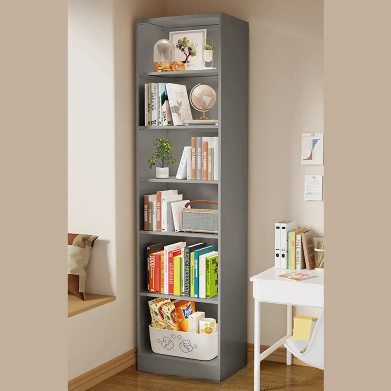 Narrow White Wooden Closed Back Tall Bookshelves
