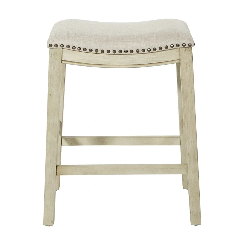 Antique White Saddle Bar Stool Set of 2 – Counter Height, Beige Fabric Seat