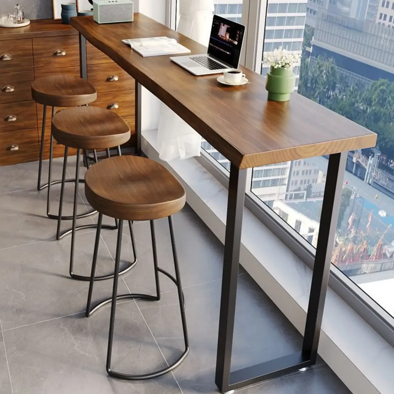 Modern Brown Wooden Top Rectangle Bar Table Metal Base