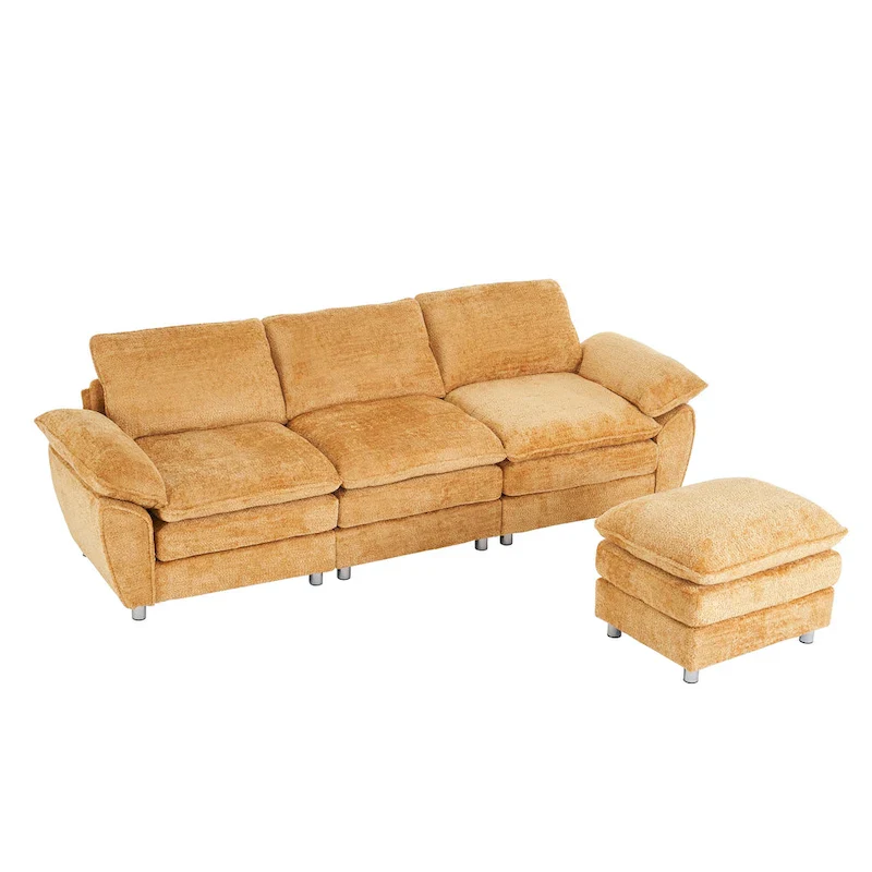Modern Deep 3-Seat Sofa Couch with Ottoman