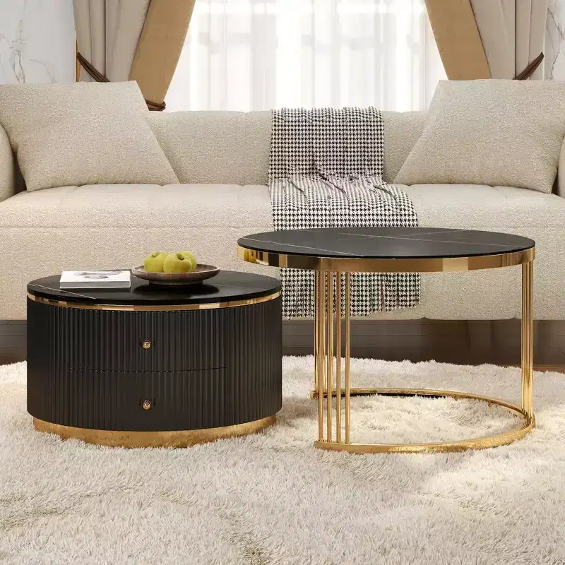 Whisen Modern Round Nesting Coffee Table with Storage Drawers and Tempered Glass Top, 2 pieces