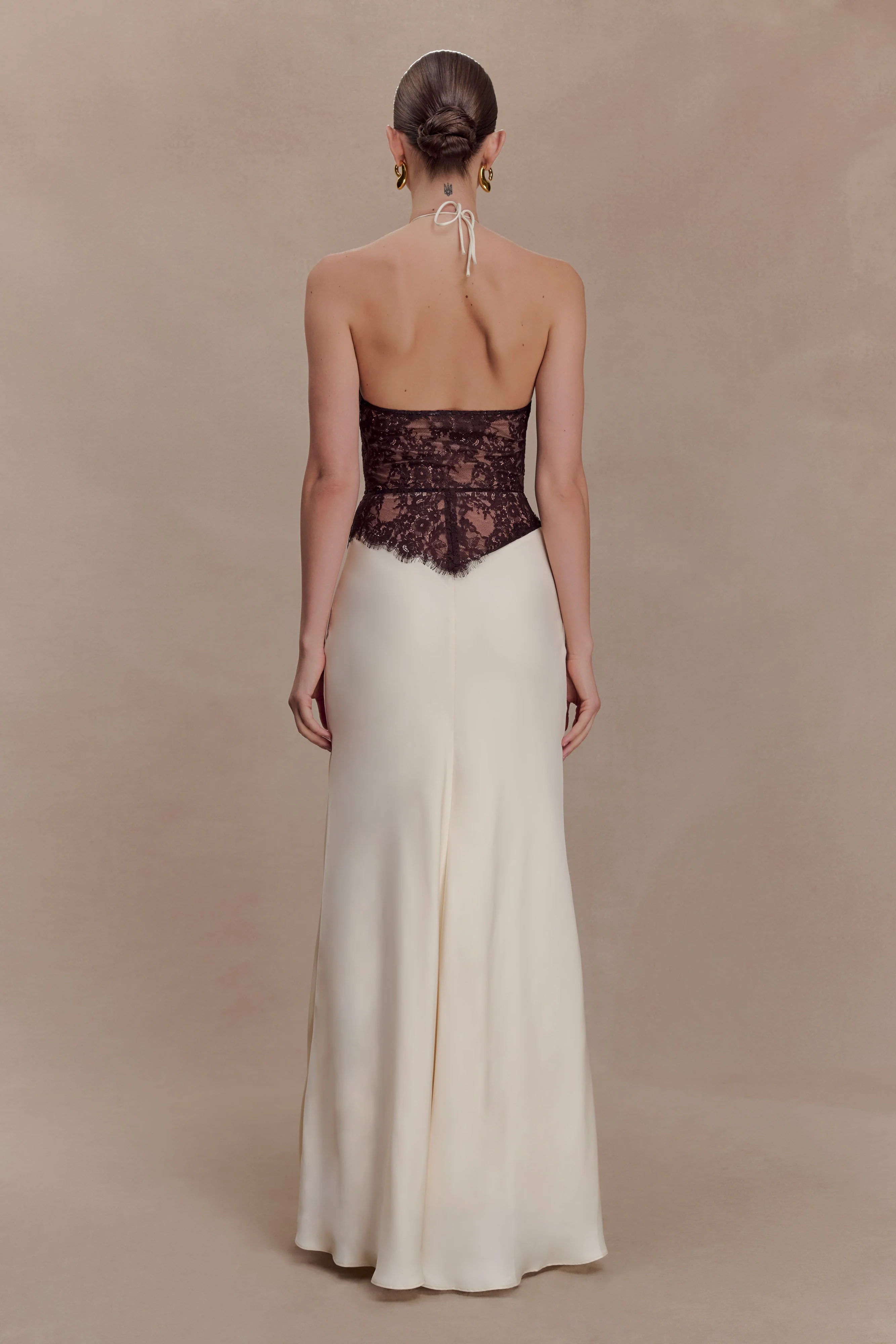 Sascha Lace And Satin Halter Maxi Dress - Ivory/Chocolate