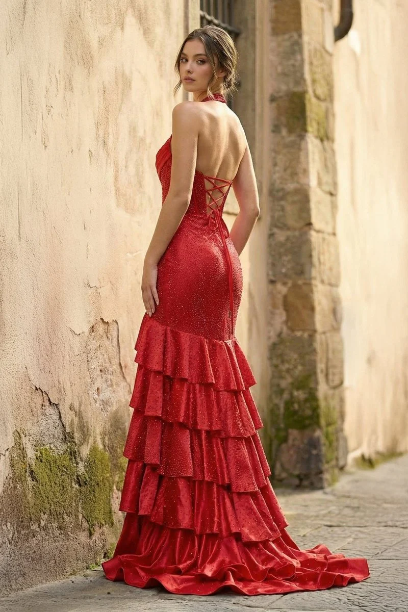 Red Halter Mermaid Satin Beaded Long Formal Prom Dresses With Ruffles