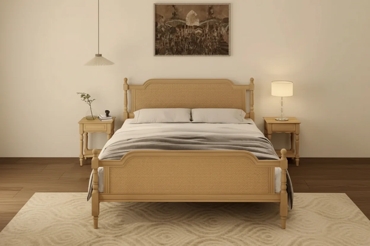 King Size Platform Bed Frame with Natural Rattan Headboard & Footboard - French Provincial Style Solid Pine Wood Bed