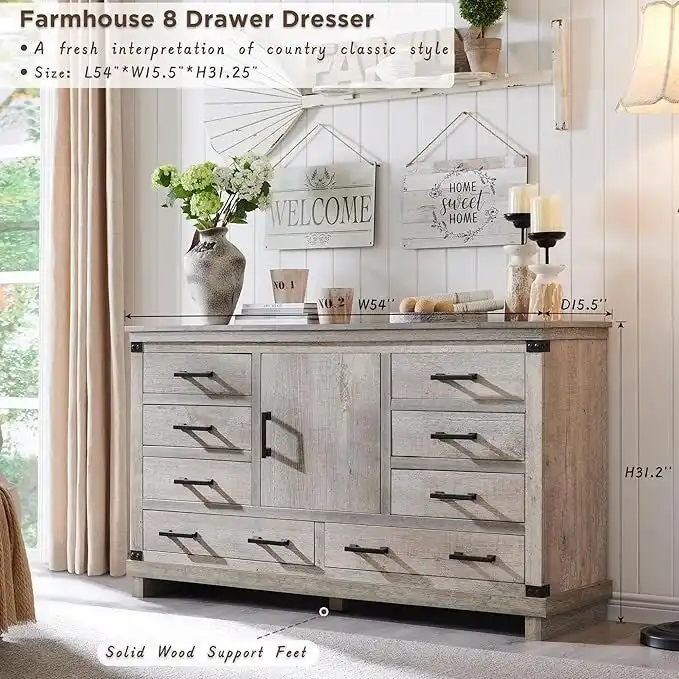Farmhouse 8 Drawer Dresser, Wood Long Chest of Drawers, Closet Dresser