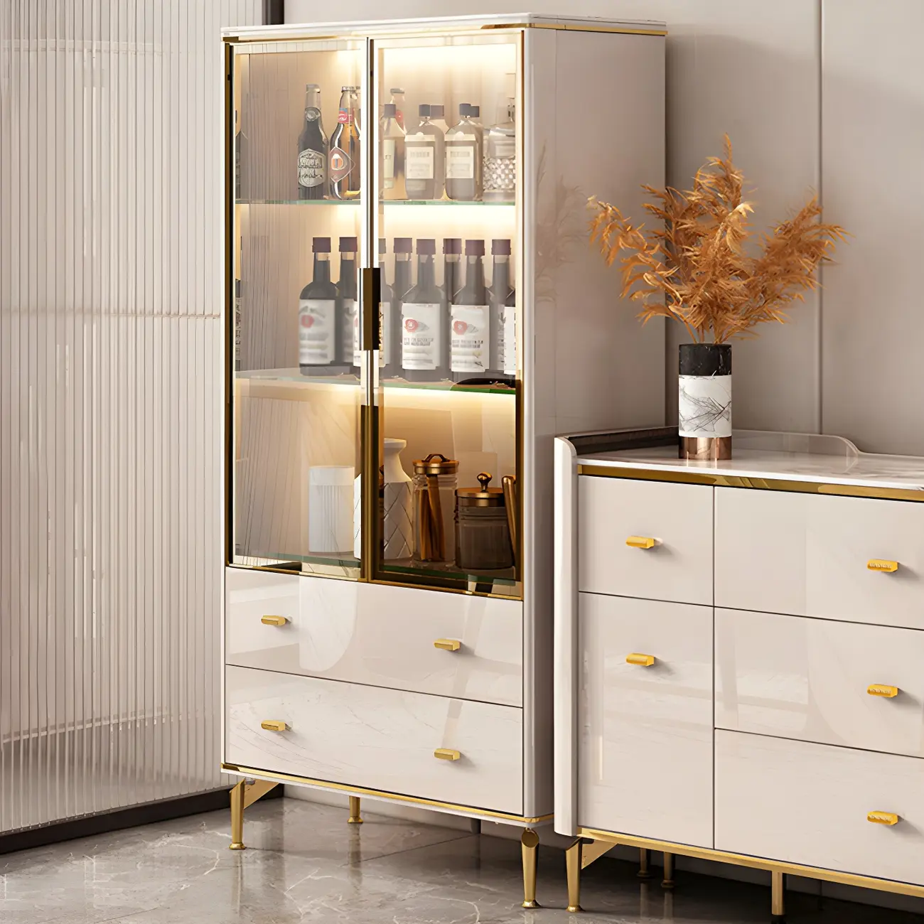 White Wood Gold Legs Adjustable Shelves Display Cabinet