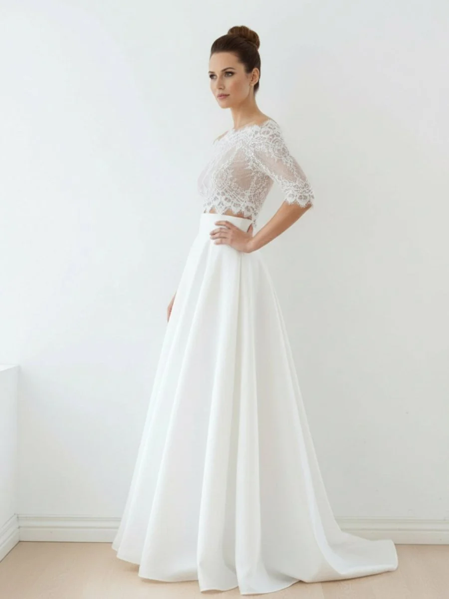 Off-The-Shoulder Lace A-Line Satin Two-Piece Wedding Dress With Sweep Train