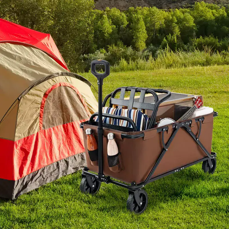 Costway Heavy-Duty Wagon Cart with Adjustable Handlebar Bottle Holders & Storage Pocket Coffee/Grey
