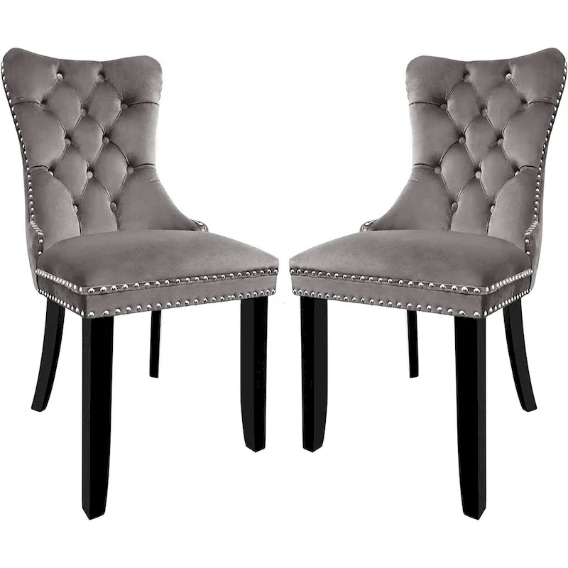 Velvet Dining Chairs Set of 2, Upholstered High-end Tufted Dining Room Chair with Nailhead Back Ring Pull Trim Solid Wood Legs