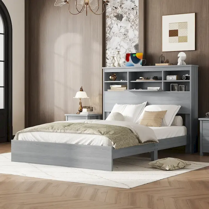 Queen Size Vintage Platform Bed with Storage Headboard and Charging Station