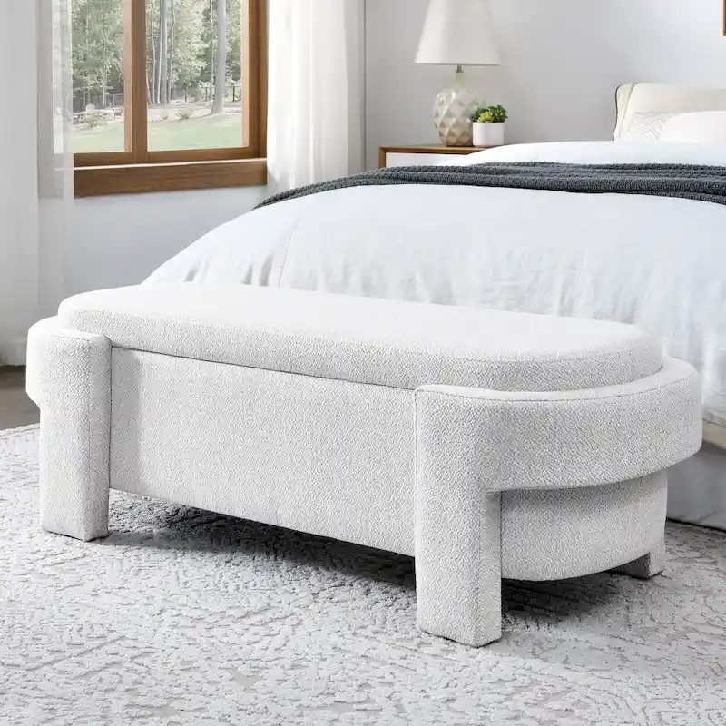 Beige/White Linen Storage Bench – 2-Seat, No Assembly